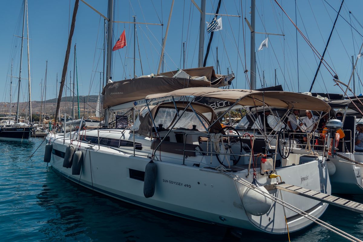 Exterior view of Jouir, a Jeanneau Sun Odyssey 490 sailboat at Kos, Greece