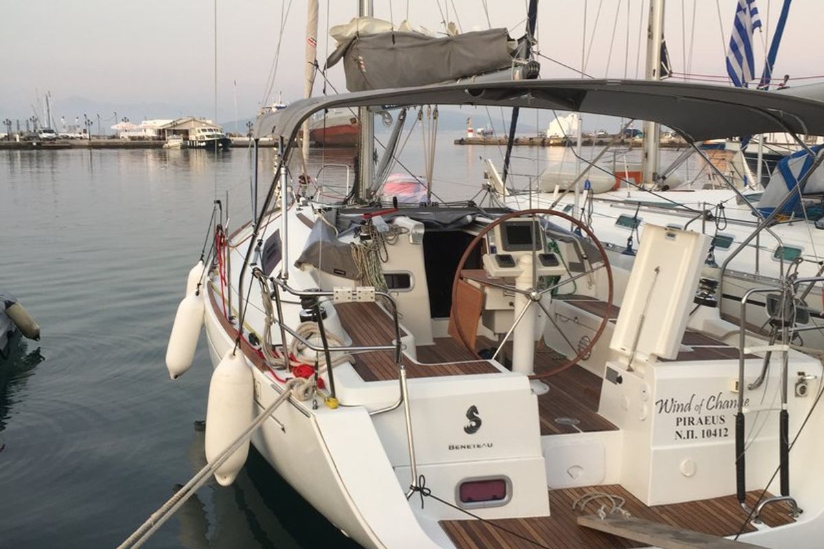 Exterior view of Wind of Change, a Beneteau Oceanis 37 sailboat at Parikia, Greece