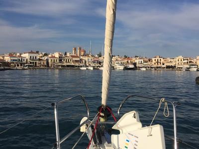 Exterior view of Wind of Change, a Beneteau Oceanis 37 sailboat at Parikia, Greece