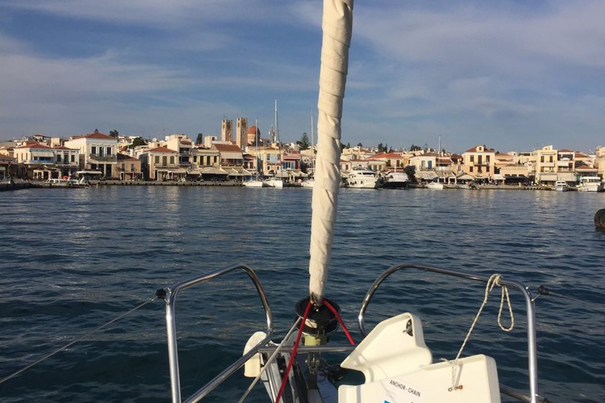 Exterior view of Wind of Change, a Beneteau Oceanis 37 sailboat at Parikia, Greece