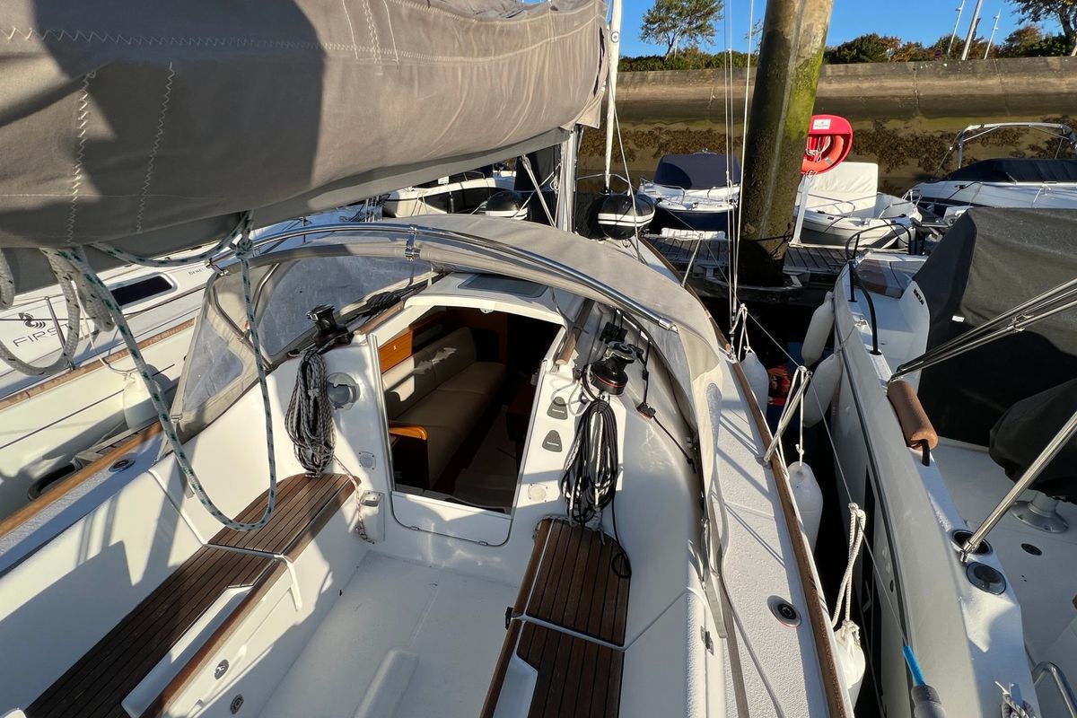 Deck of Marlem, a Beneteau First 25 S sailboat at Port Navalo, France