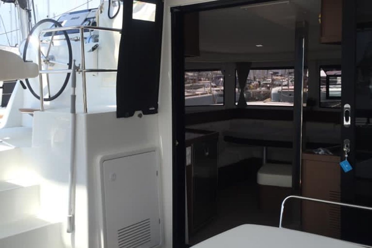 Deck of Freedom, a Lagoon 42 catamaran at Kontokali, Greece