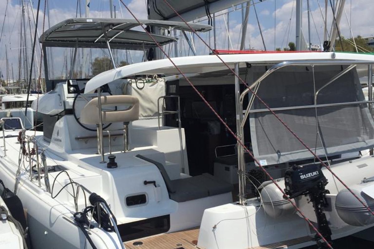 Exterior view of Freedom, a Lagoon 42 catamaran at Kontokali, Greece