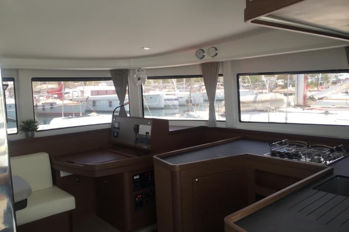 Galley of Freedom, a Lagoon 42 catamaran at Kontokali, Greece