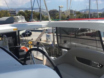 Cockpit of Freedom, a Lagoon 42 catamaran at Kontokali, Greece
