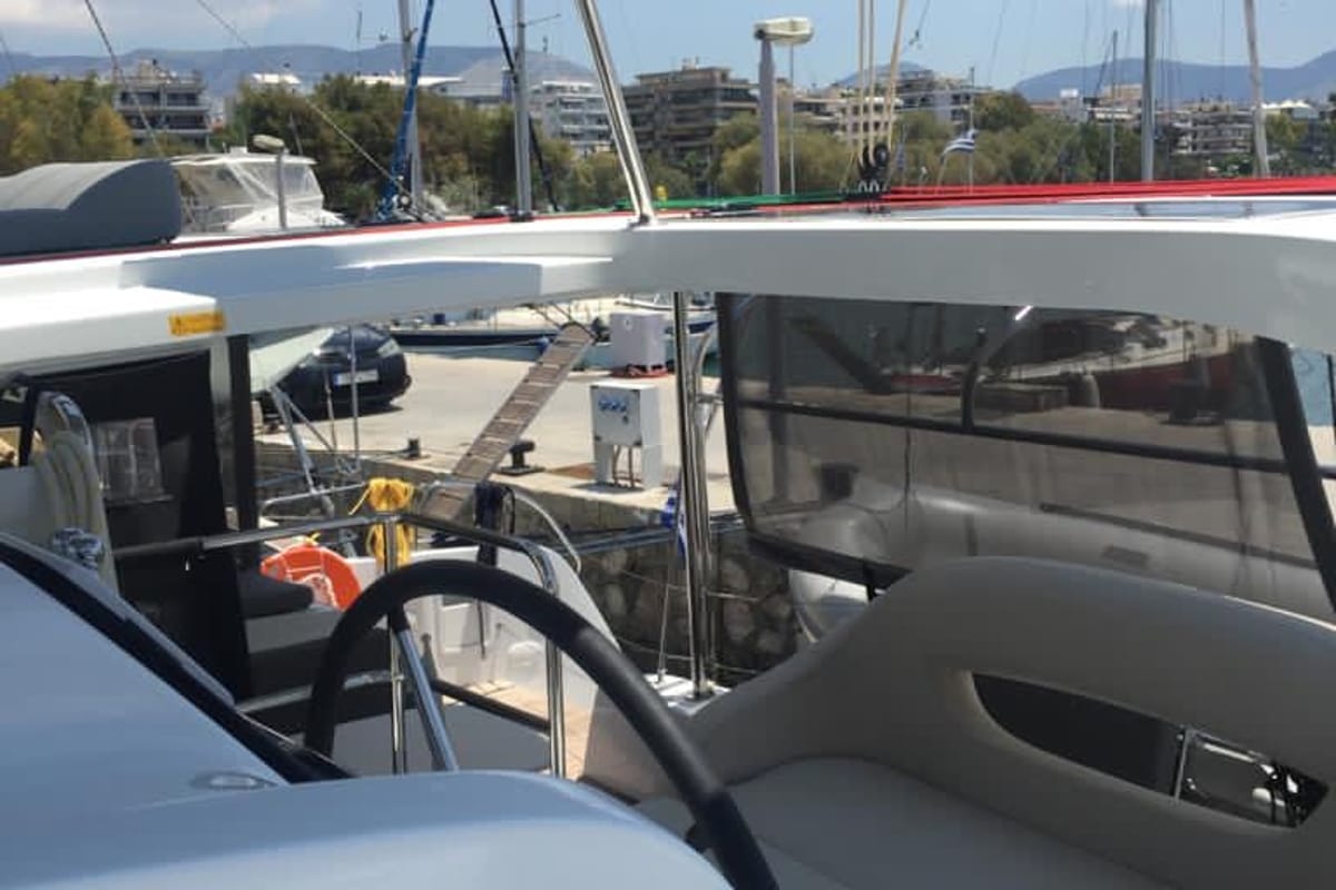 Cockpit of Freedom, a Lagoon 42 catamaran at Kontokali, Greece