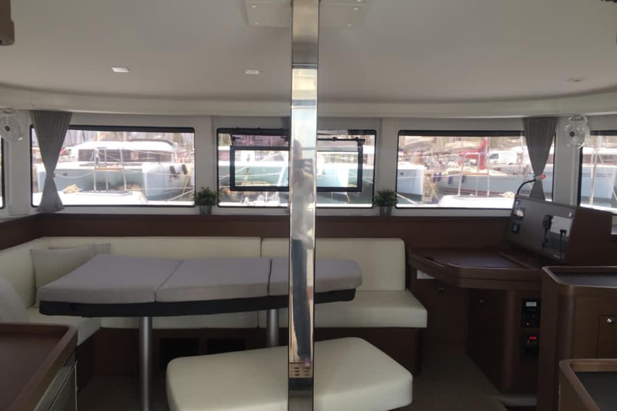 Salon of Freedom, a Lagoon 42 catamaran at Kontokali, Greece