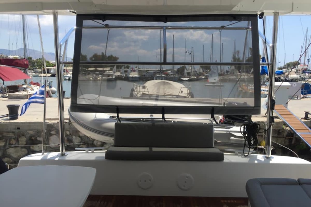 Deck of Freedom, a Lagoon 42 catamaran at Kontokali, Greece