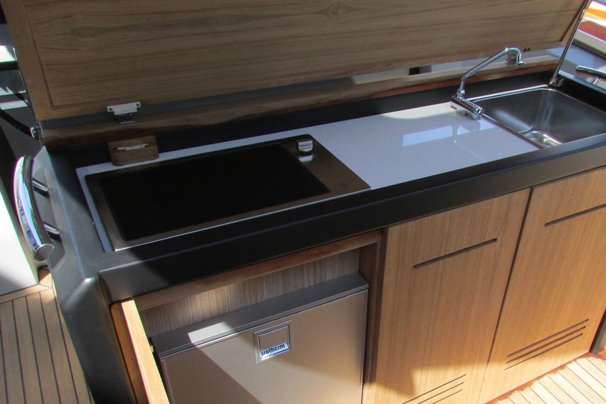 Galley of Federika III, a Gulet Italyure 38 motorboat at es Jonquet, Spain