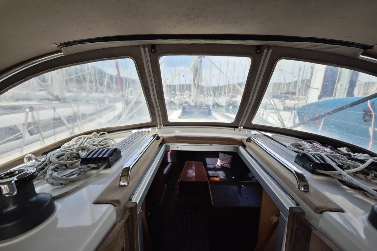 Deck of Almira, a Bavaria Cruiser 37 sailboat at Fethiye, Turkey