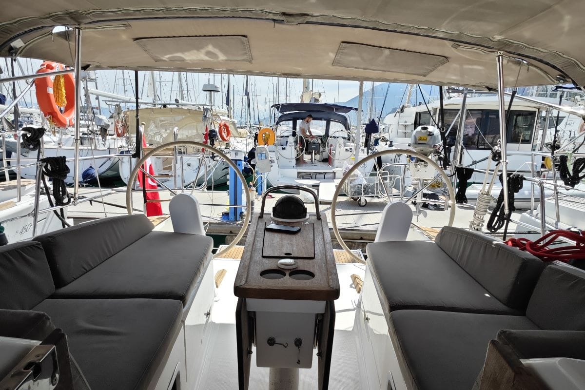 Cockpit of Almira, a Bavaria Cruiser 37 sailboat at Fethiye, Turkey