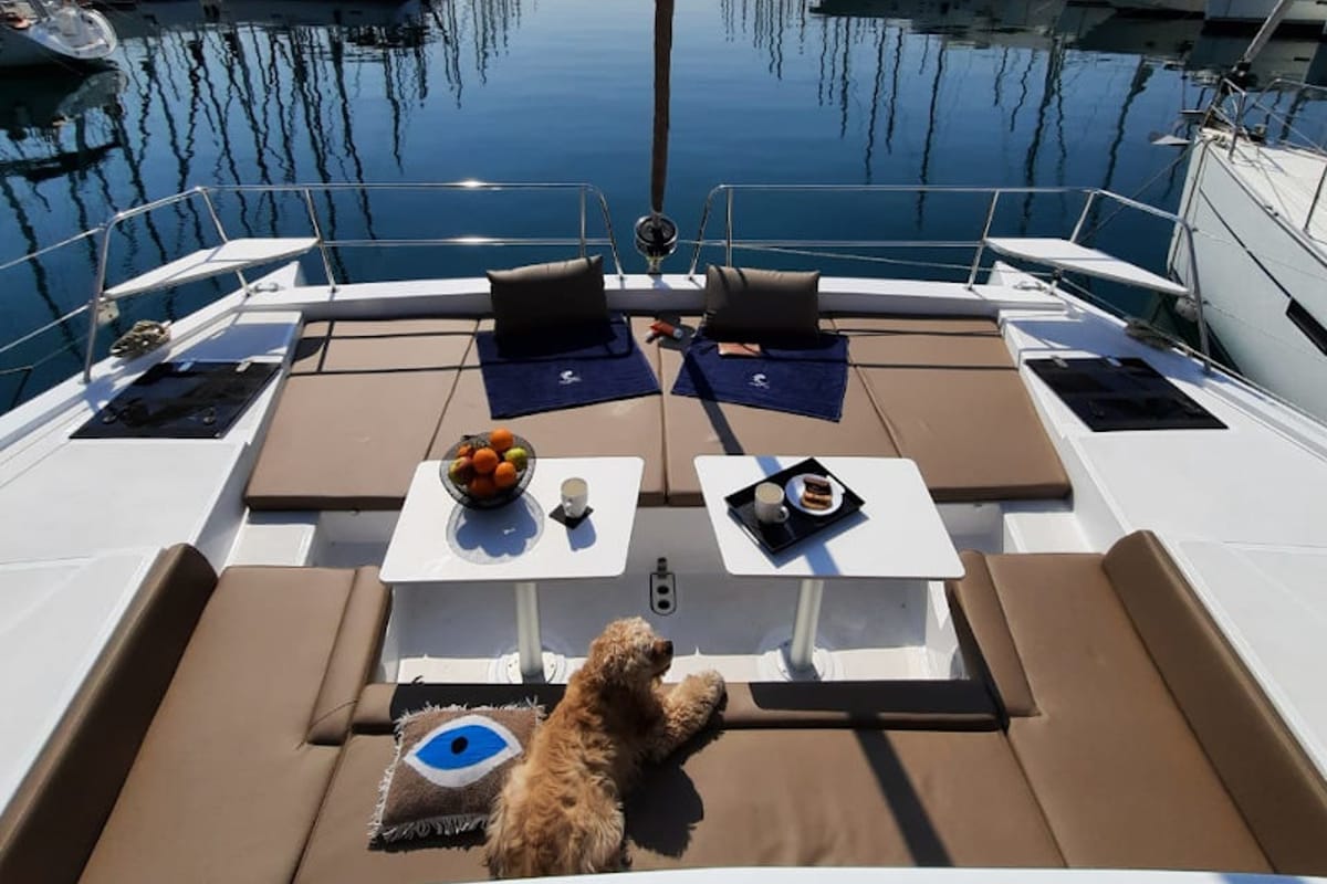 Deck of Nolima, a Bali 4.1 catamaran at Gouvia, Greece