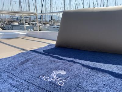 Deck of Nolima, a Bali 4.1 catamaran at Gouvia, Greece
