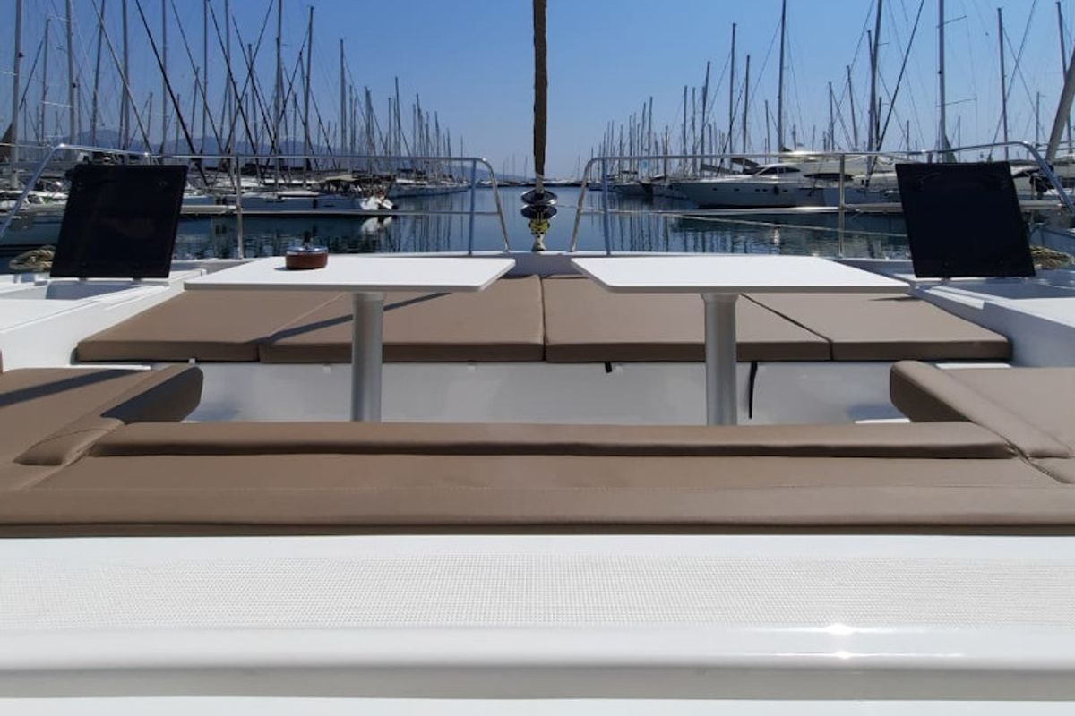 Deck of Nolima, a Bali 4.1 catamaran at Gouvia, Greece