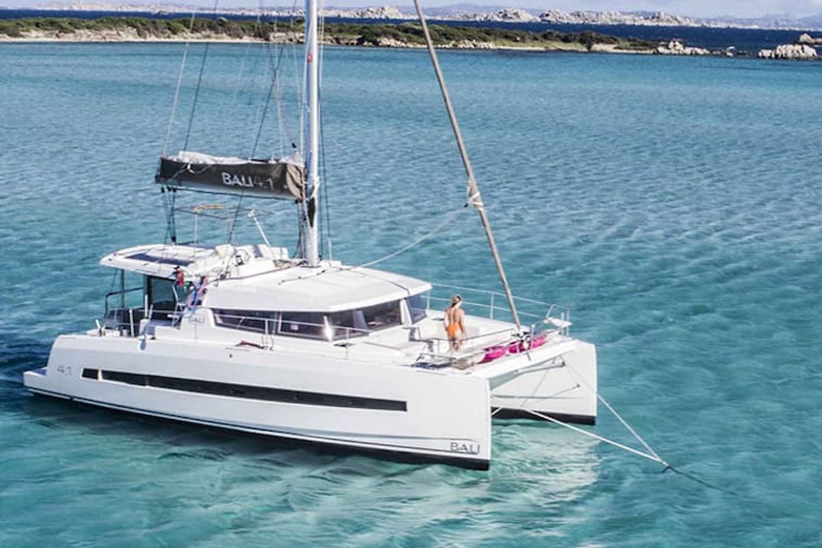 Exterior view of Nolima, a Bali 4.1 catamaran at Gouvia, Greece