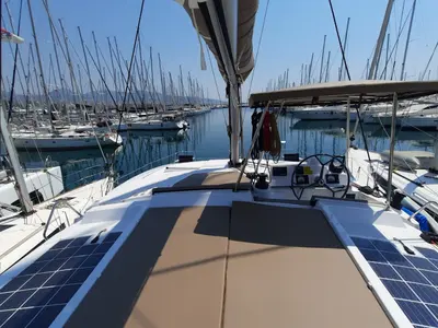 Cockpit of Nolima, a Bali 4.1 catamaran at Gouvia, Greece