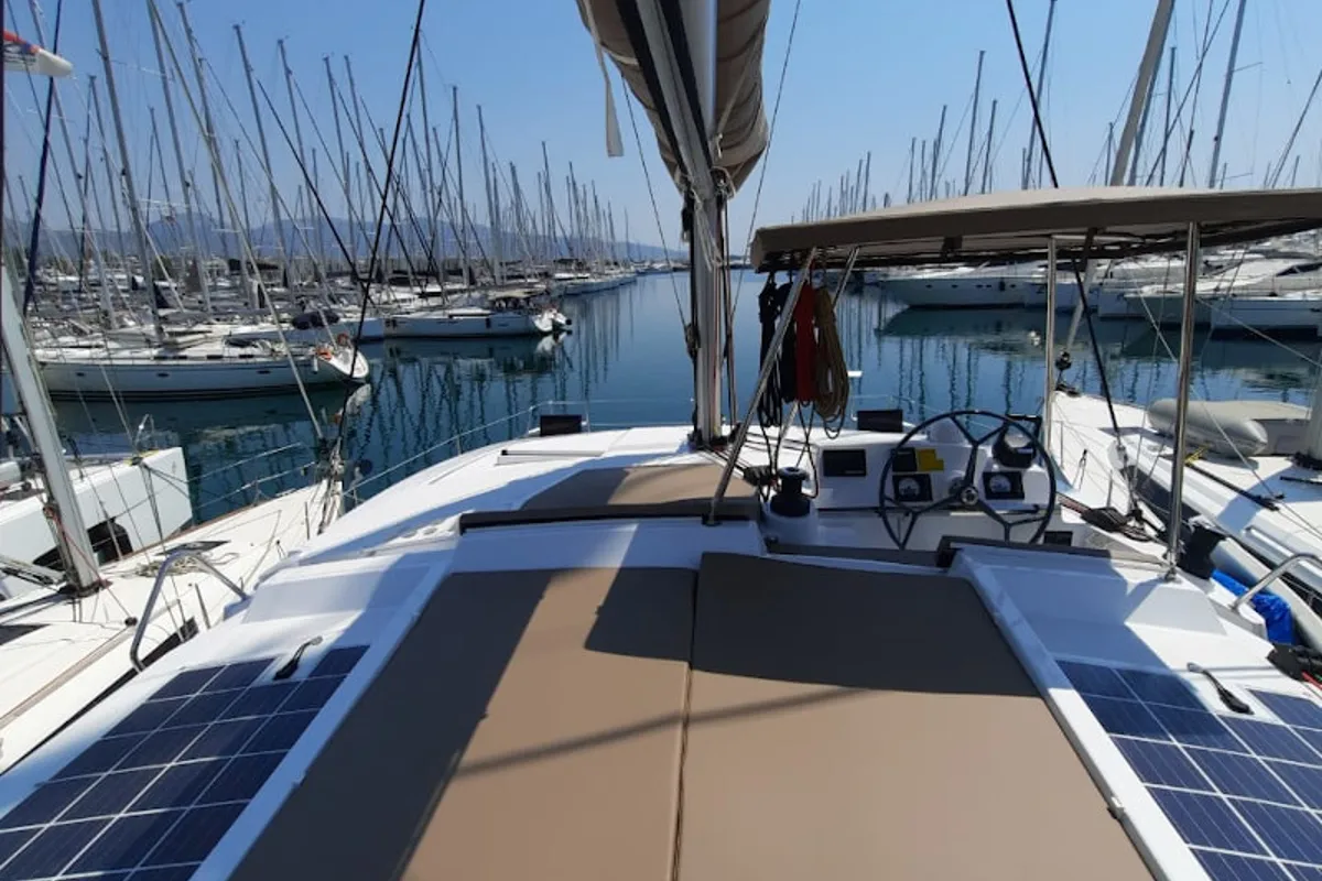 Cockpit of Nolima, a Bali 4.1 catamaran at Gouvia, Greece