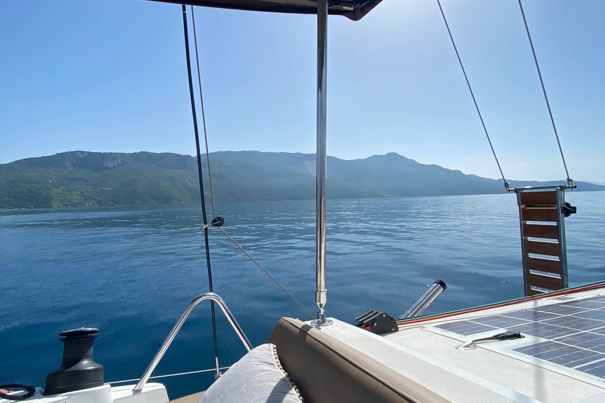 Cockpit of Nolima, a Bali 4.1 catamaran at Gouvia, Greece