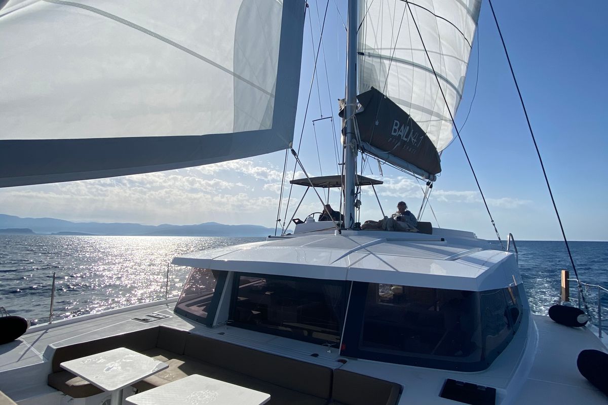 Deck of Nolima, a Bali 4.1 catamaran at Gouvia, Greece