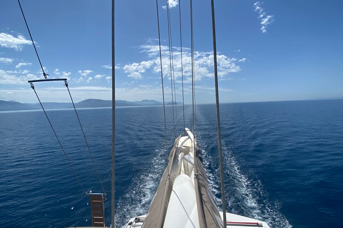 Deck of Nolima, a Bali 4.1 catamaran at Gouvia, Greece