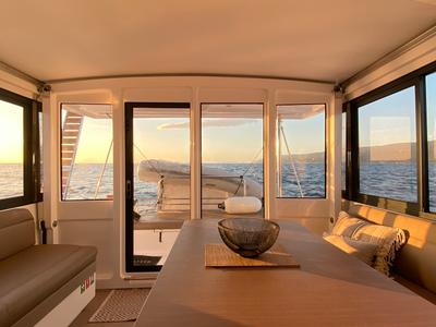 Salon of Nolima, a Bali 4.1 catamaran at Gouvia, Greece