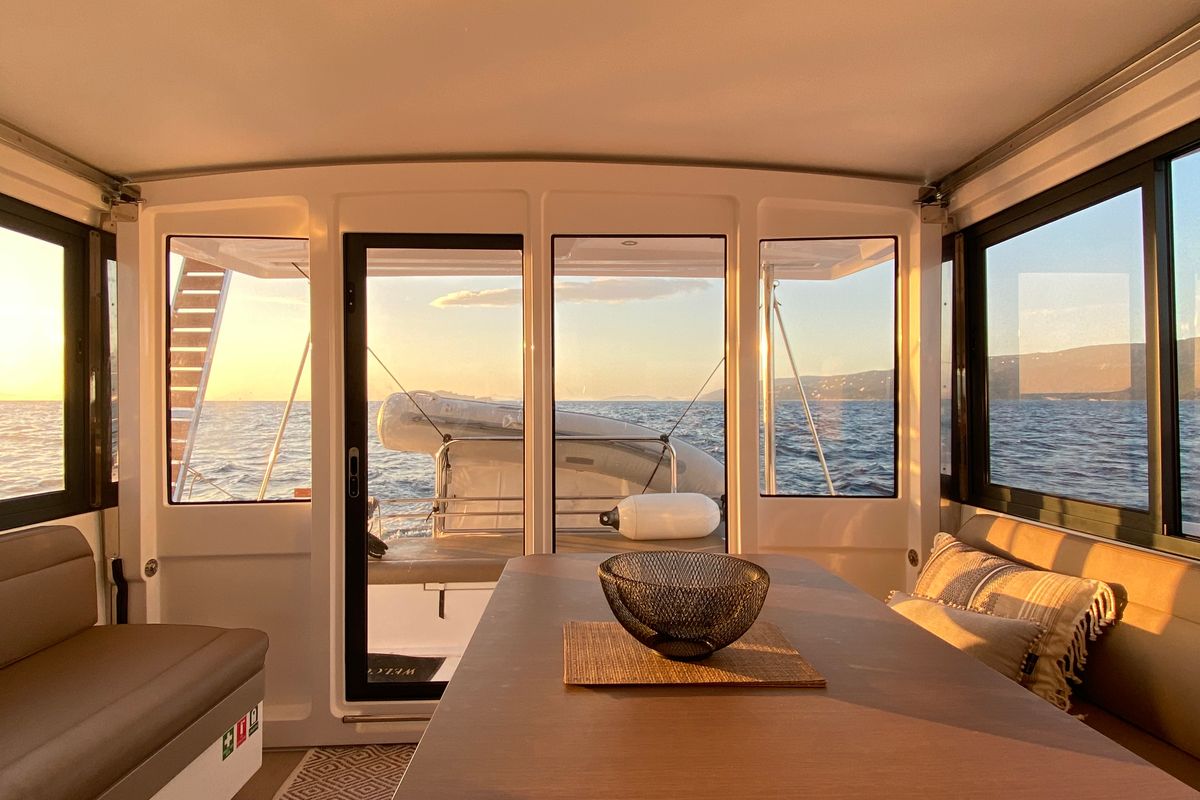 Salon of Nolima, a Bali 4.1 catamaran at Gouvia, Greece
