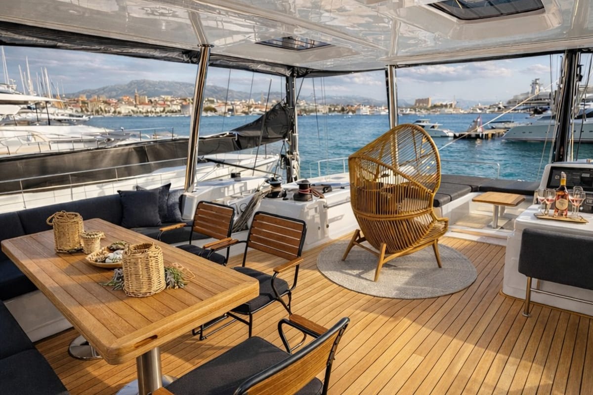 Deck of Princess Karla, a Lagoon 60 catamaran at Grad Kaštela, Croatia