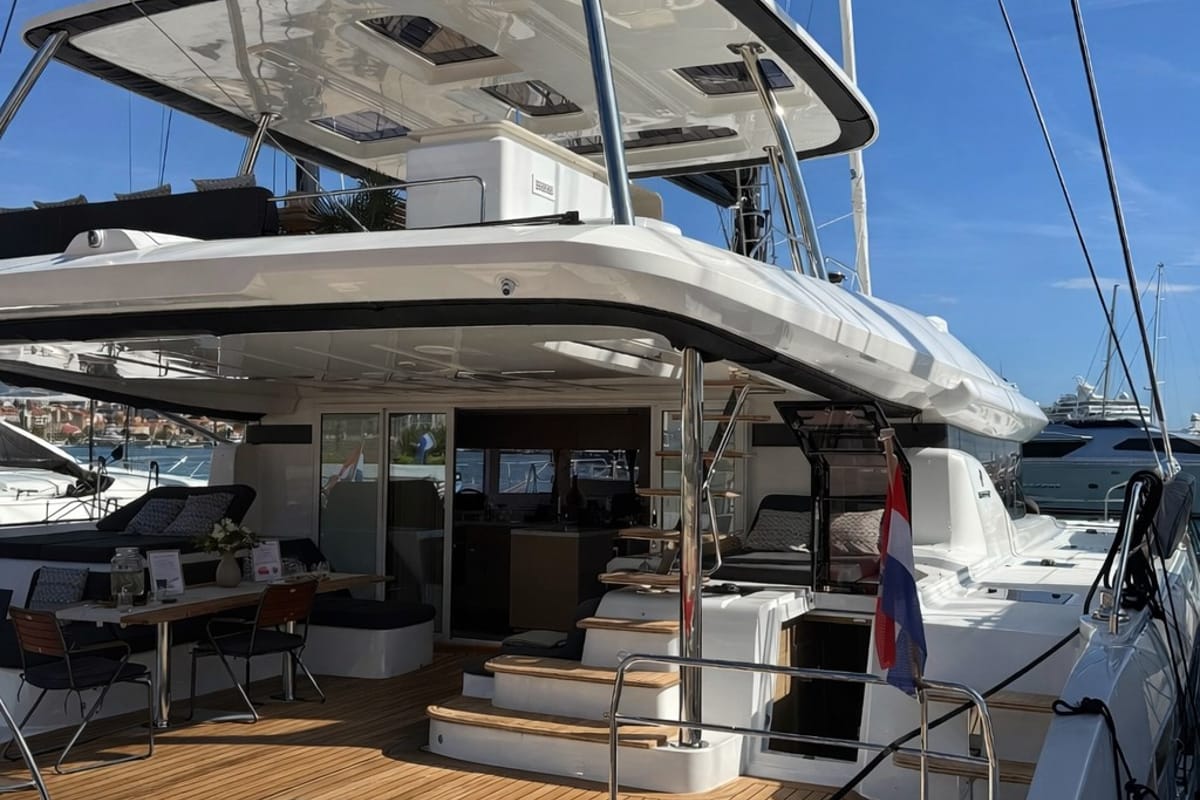 Deck of Princess Karla, a Lagoon 60 catamaran at Grad Kaštela, Croatia
