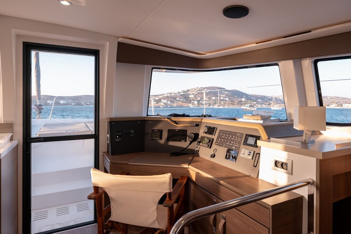 Cockpit of Gorgo, a Bali 4.4 catamaran at Municipal Unit of Rhodes, Greece