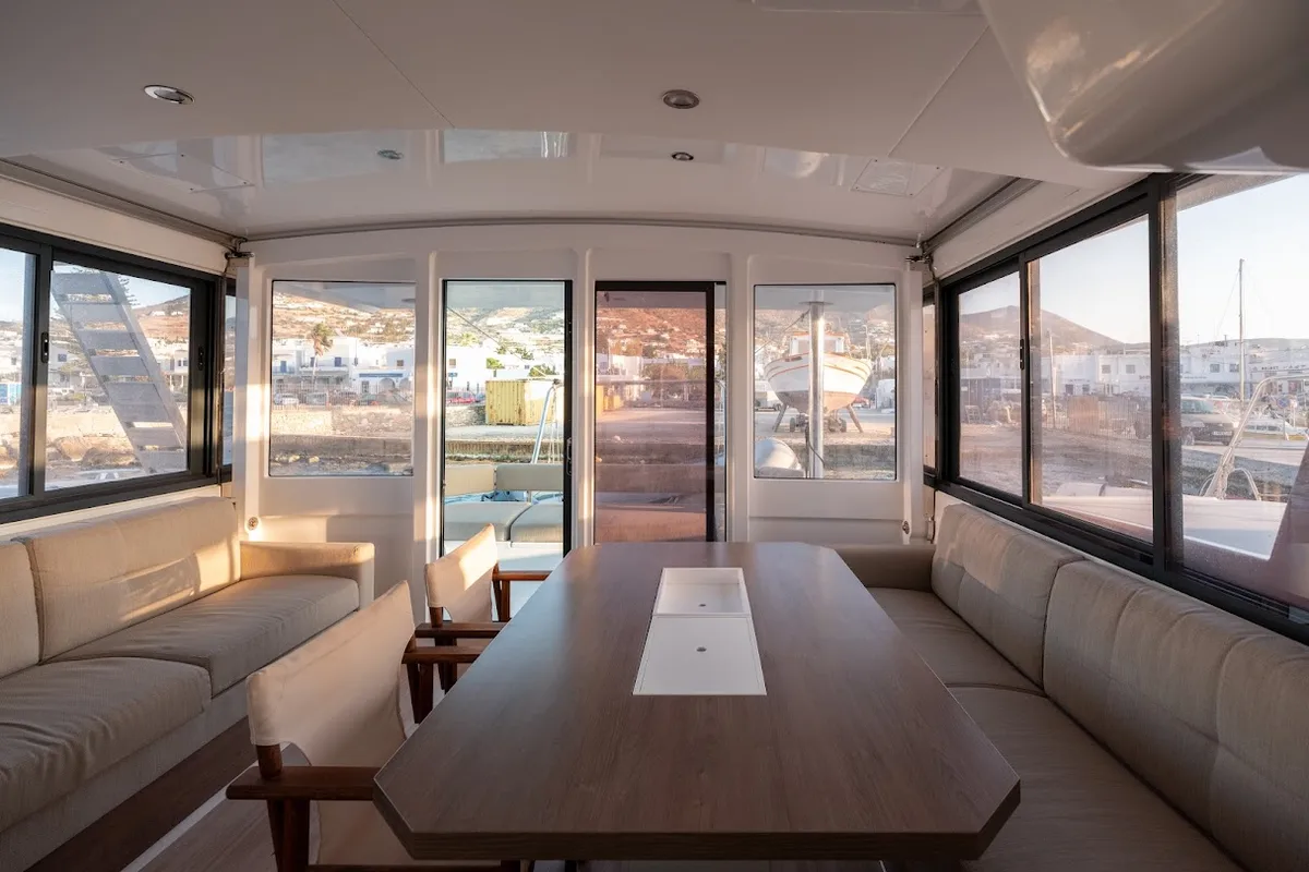 Salon of Gorgo, a Bali 4.4 catamaran at Municipal Unit of Rhodes, Greece