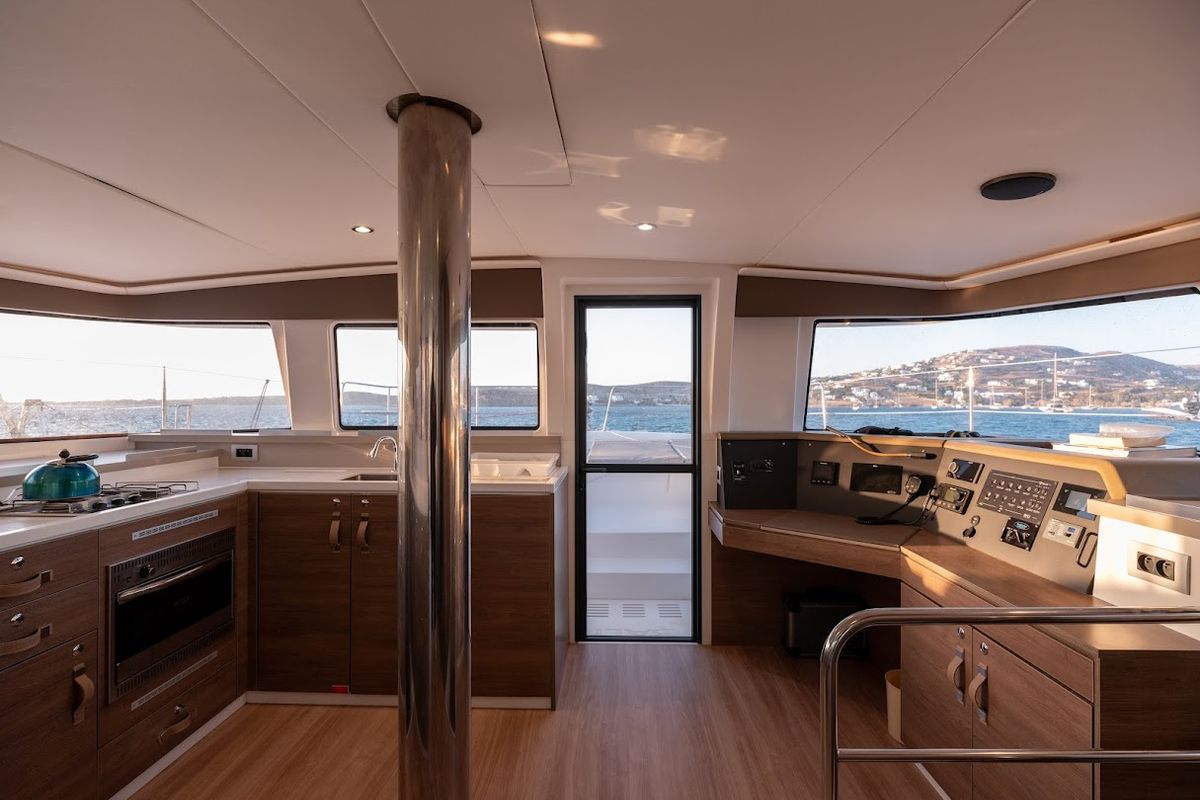 Salon of Gorgo, a Bali 4.4 catamaran at Municipal Unit of Rhodes, Greece