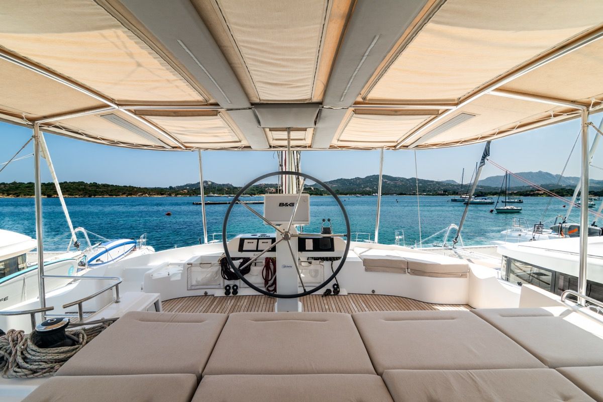 Cockpit of Big Daddy, a Lagoon 52F catamaran at Olbia, Italy