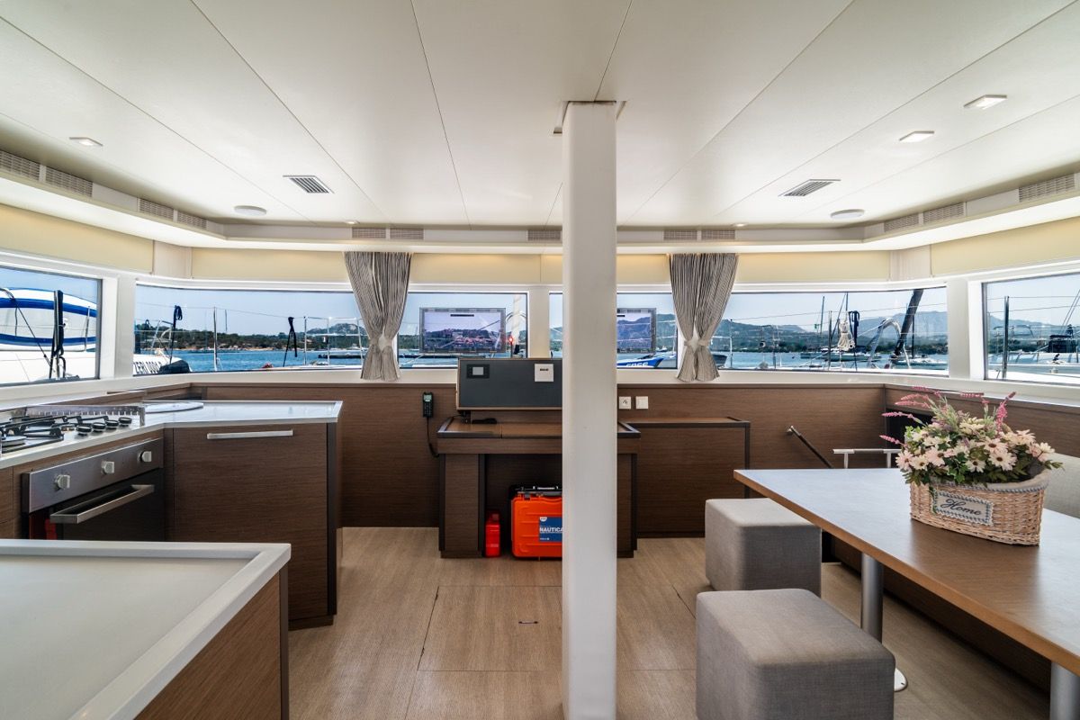 Salon of Big Daddy, a Lagoon 52F catamaran at Olbia, Italy