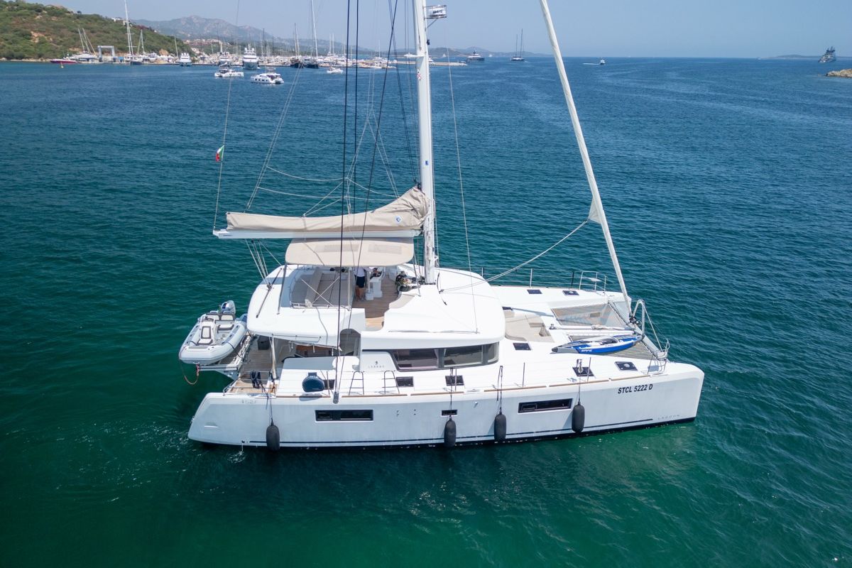 Exterior view of Big Daddy, a Lagoon 52F catamaran at Olbia, Italy