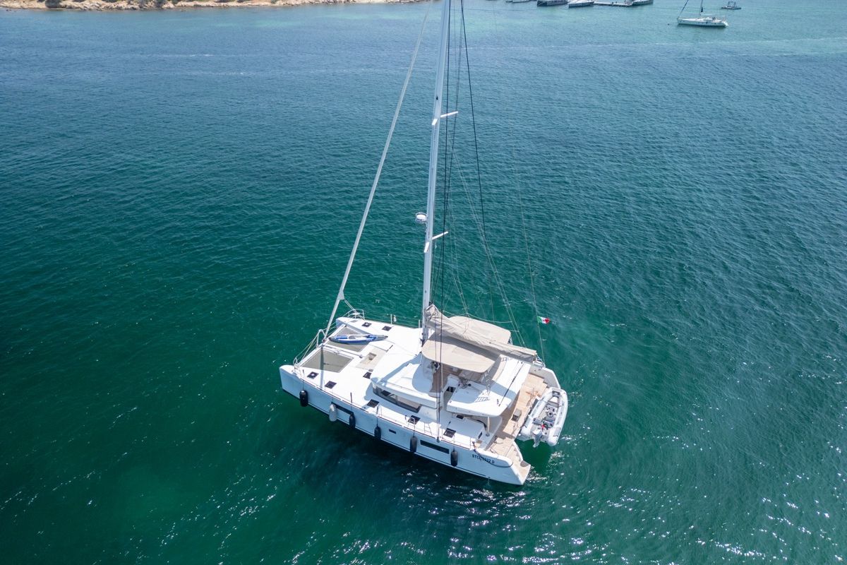 Exterior view of Big Daddy, a Lagoon 52F catamaran at Olbia, Italy
