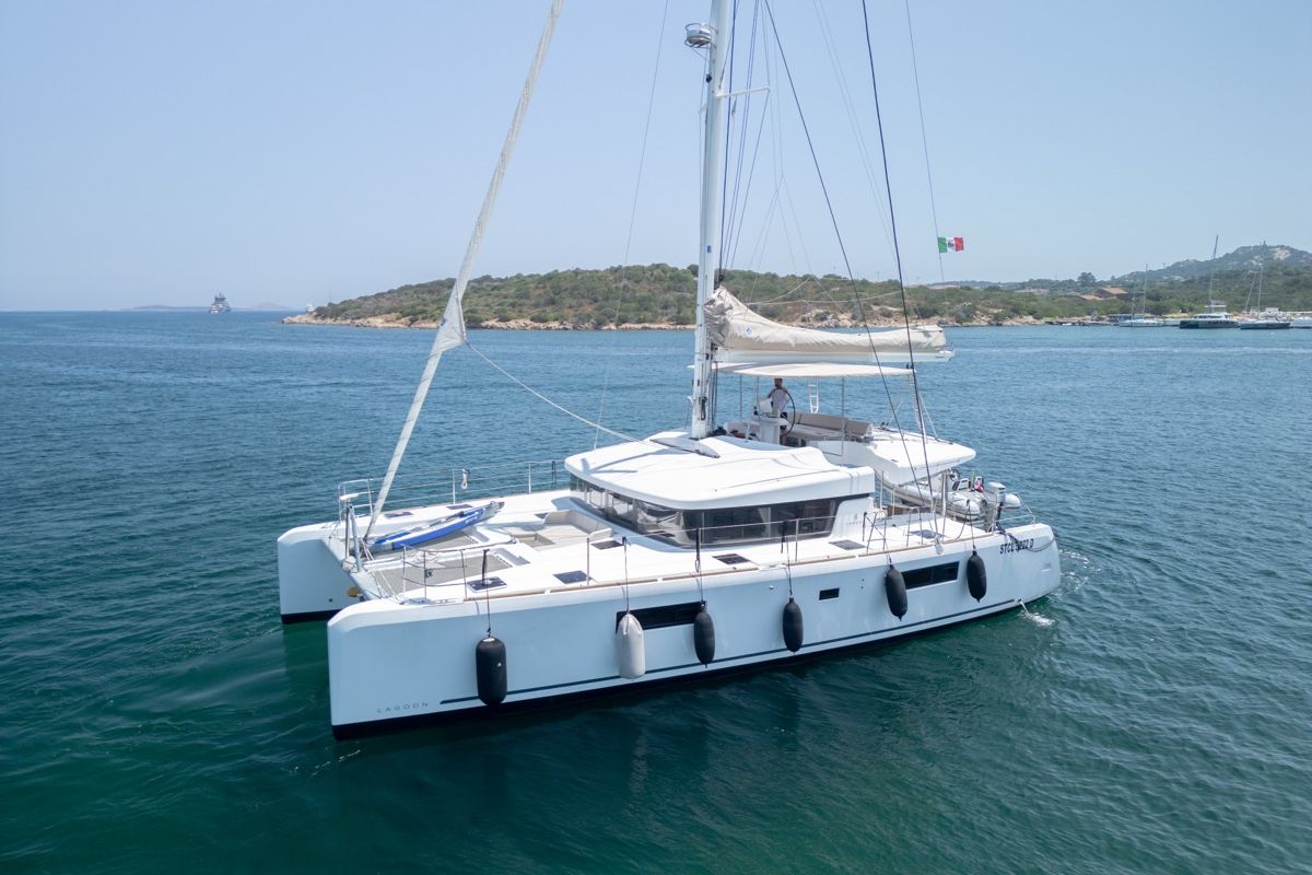 Exterior view of Big Daddy, a Lagoon 52F catamaran at Olbia, Italy