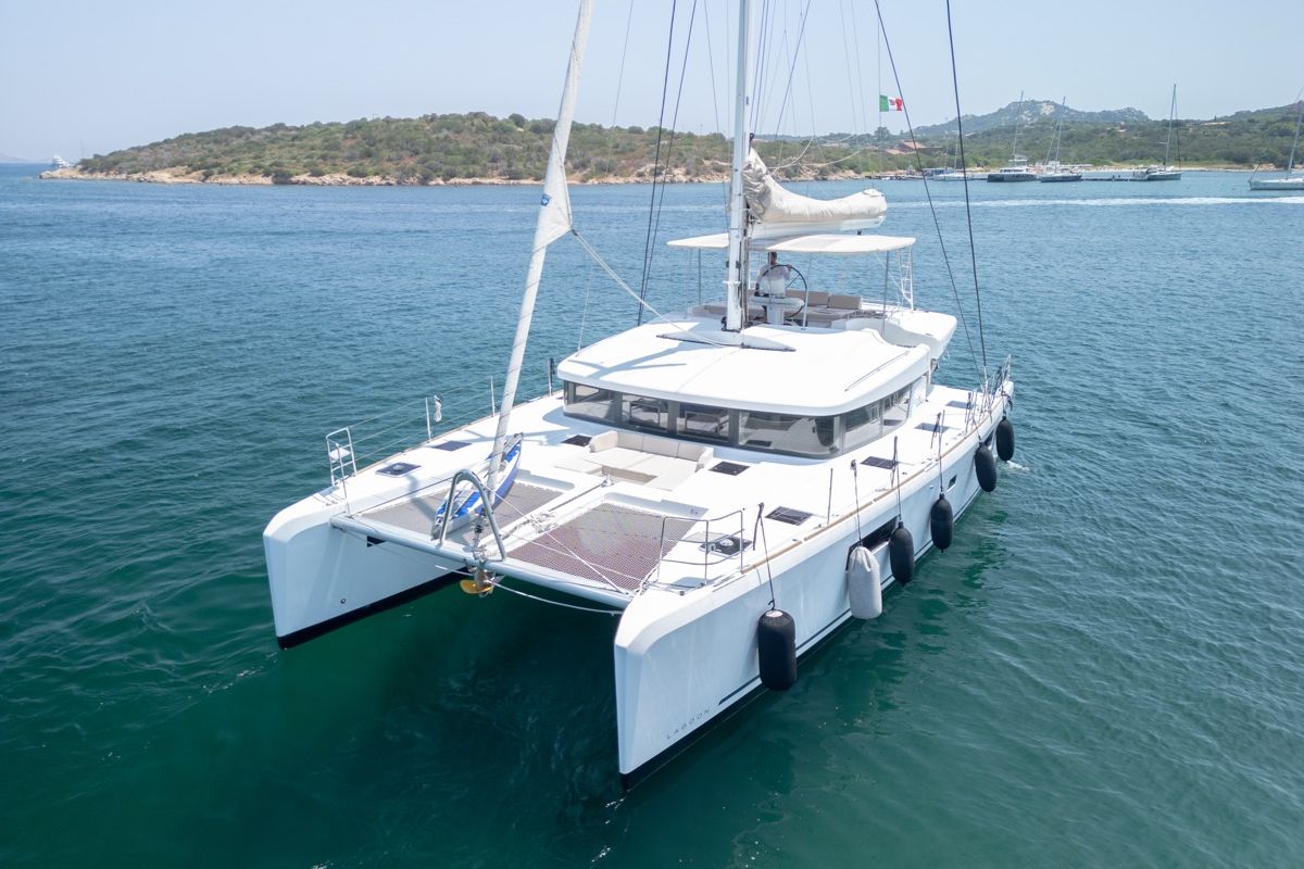 Exterior view of Big Daddy, a Lagoon 52F catamaran at Olbia, Italy