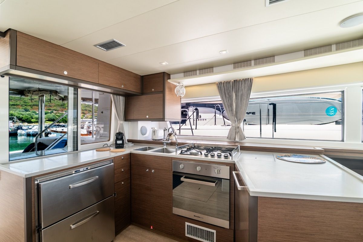 Galley of Big Daddy, a Lagoon 52F catamaran at Olbia, Italy