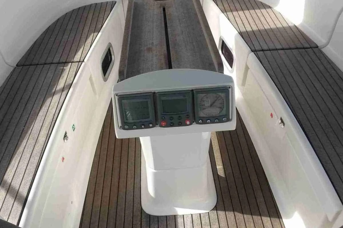 Cockpit of Springrose, a Bavaria 40 Cruiser sailboat at Rodi Garganico, Italy