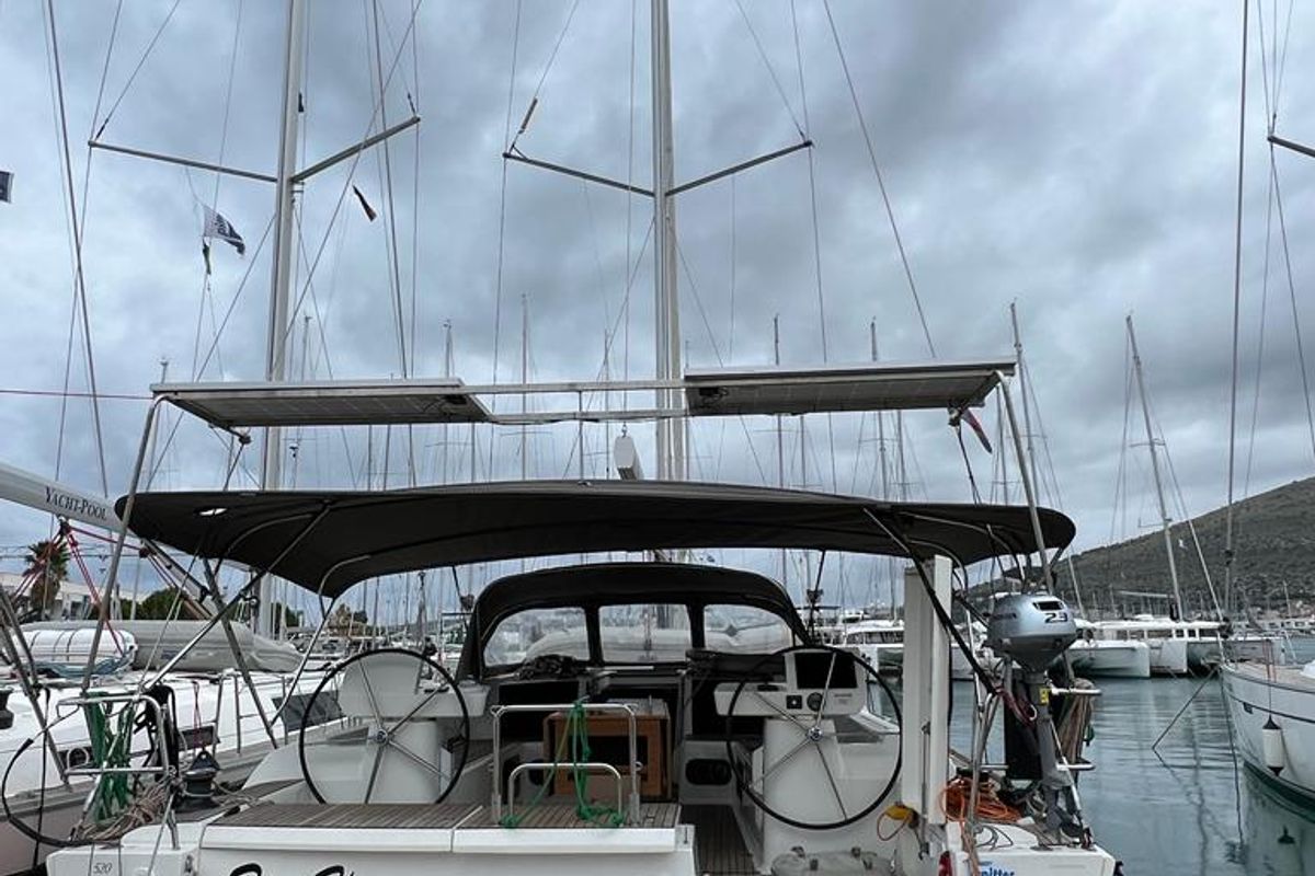 Deck of Valle d'Aosta, a Dufour 520 Grand Large sailboat at Piombino, Italy