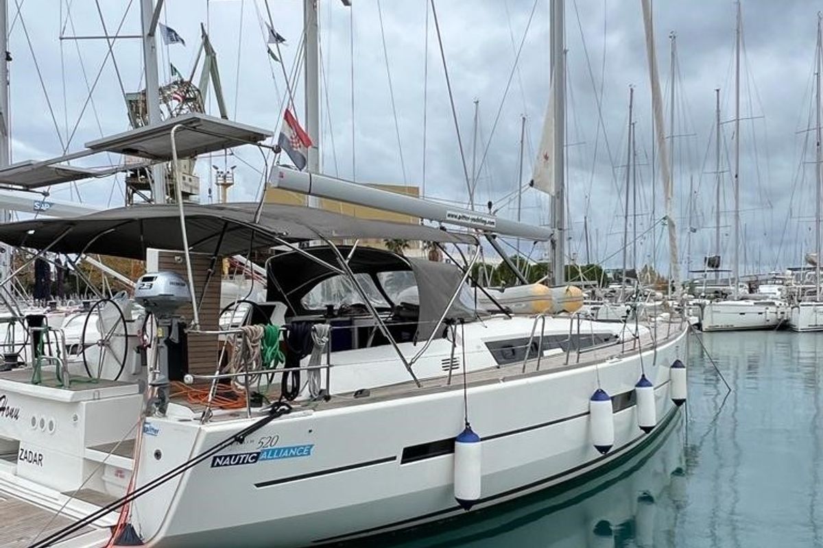 Exterior view of Valle d'Aosta, a Dufour 520 Grand Large sailboat at Piombino, Italy