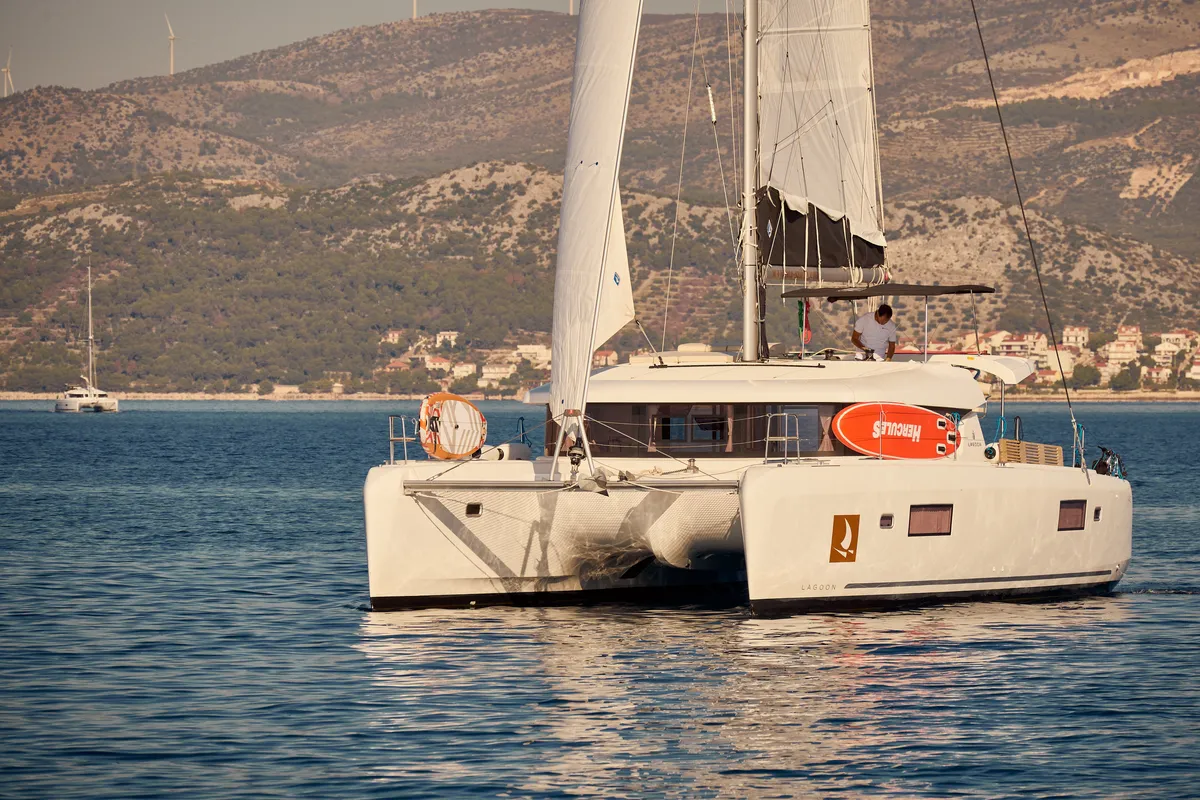 Exterior view of Katharina, a Lagoon 42 catamaran at Grad Trogir, Croatia