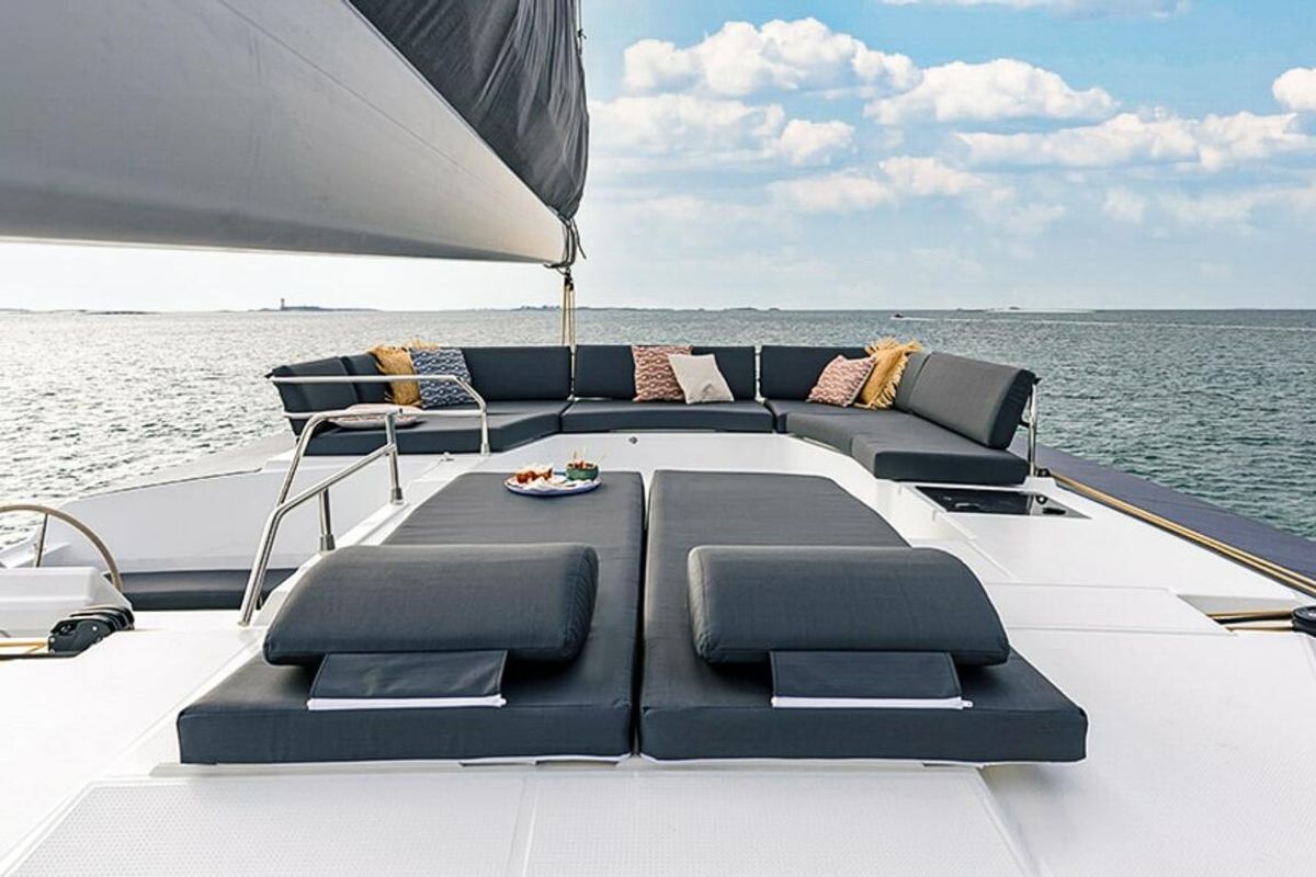 What's left, a Fountaine Pajot Aura 51 catamaran at Road Town, British Virgin Islands