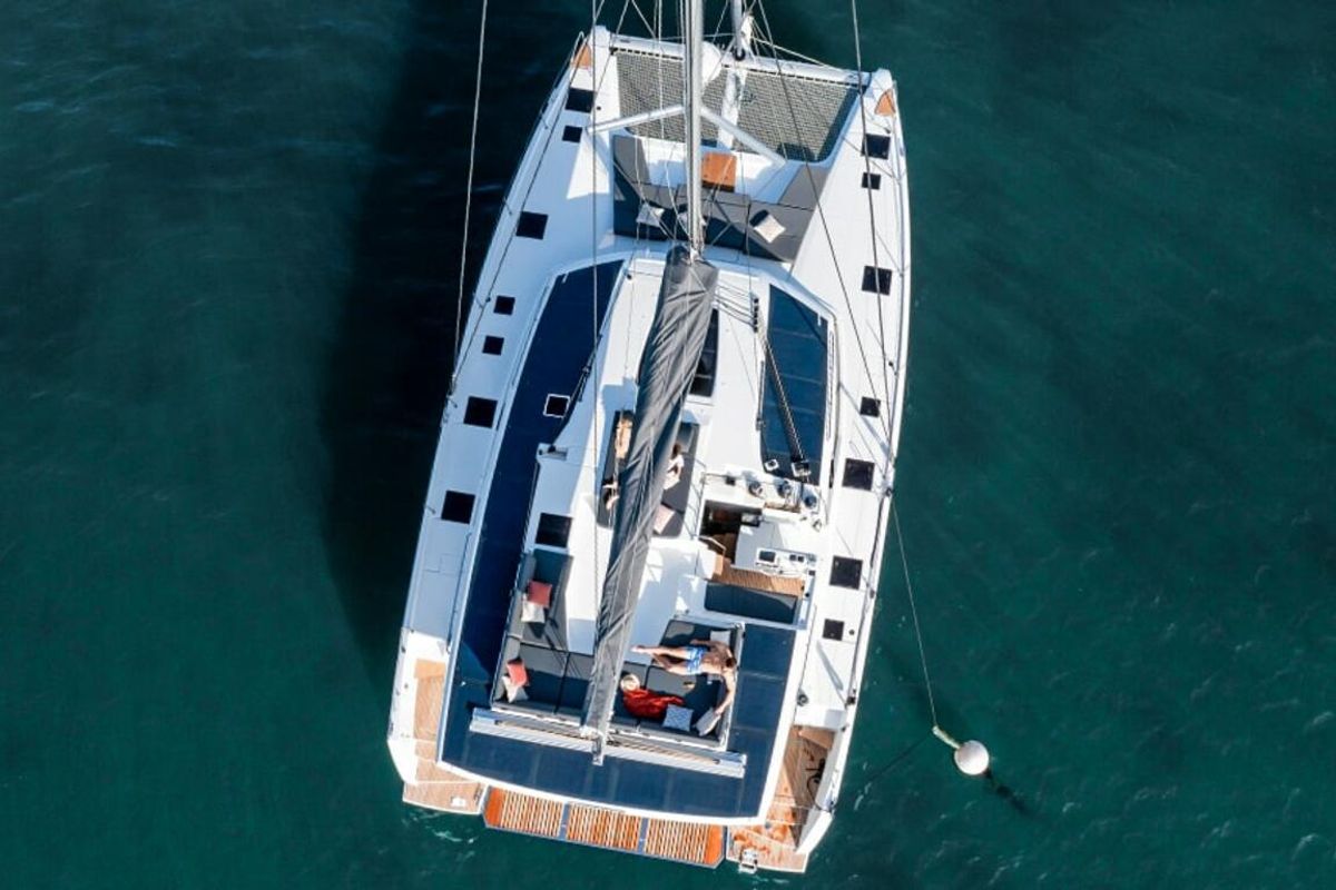 What's left, a Fountaine Pajot Aura 51 catamaran at Road Town, British Virgin Islands