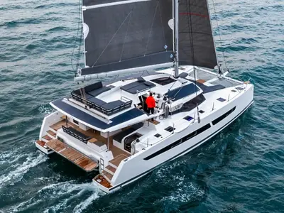 What's left, a Fountaine Pajot Aura 51 catamaran at Road Town, British Virgin Islands
