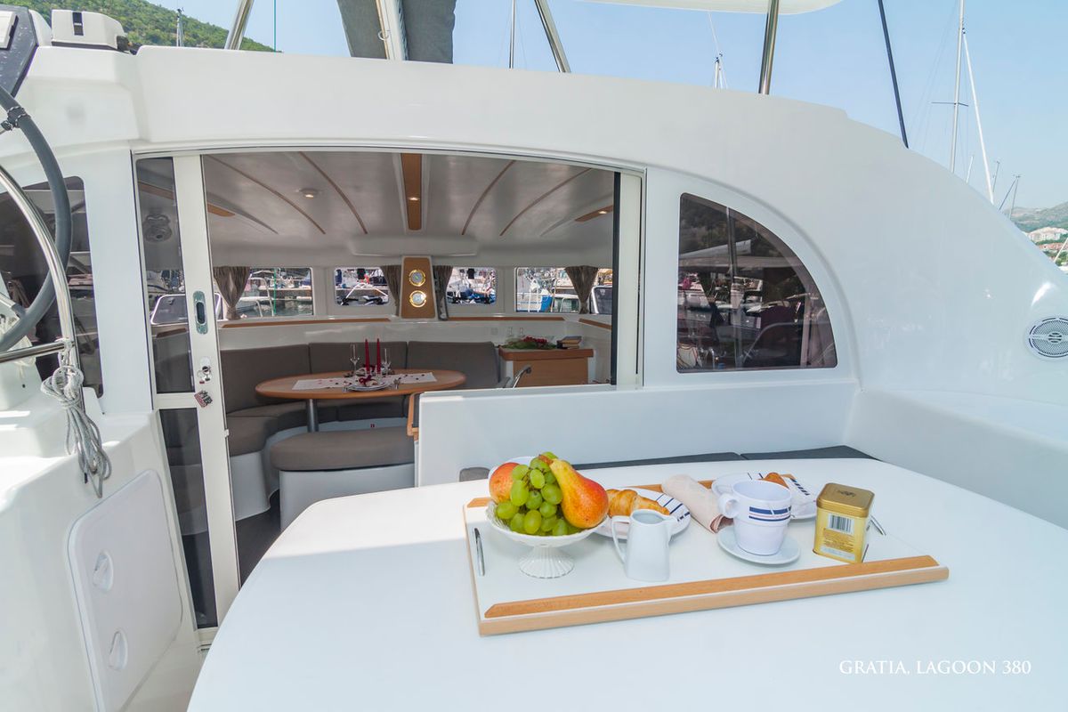 Deck of Gratia, a Lagoon 380 catamaran at Dubrovnik, Croatia