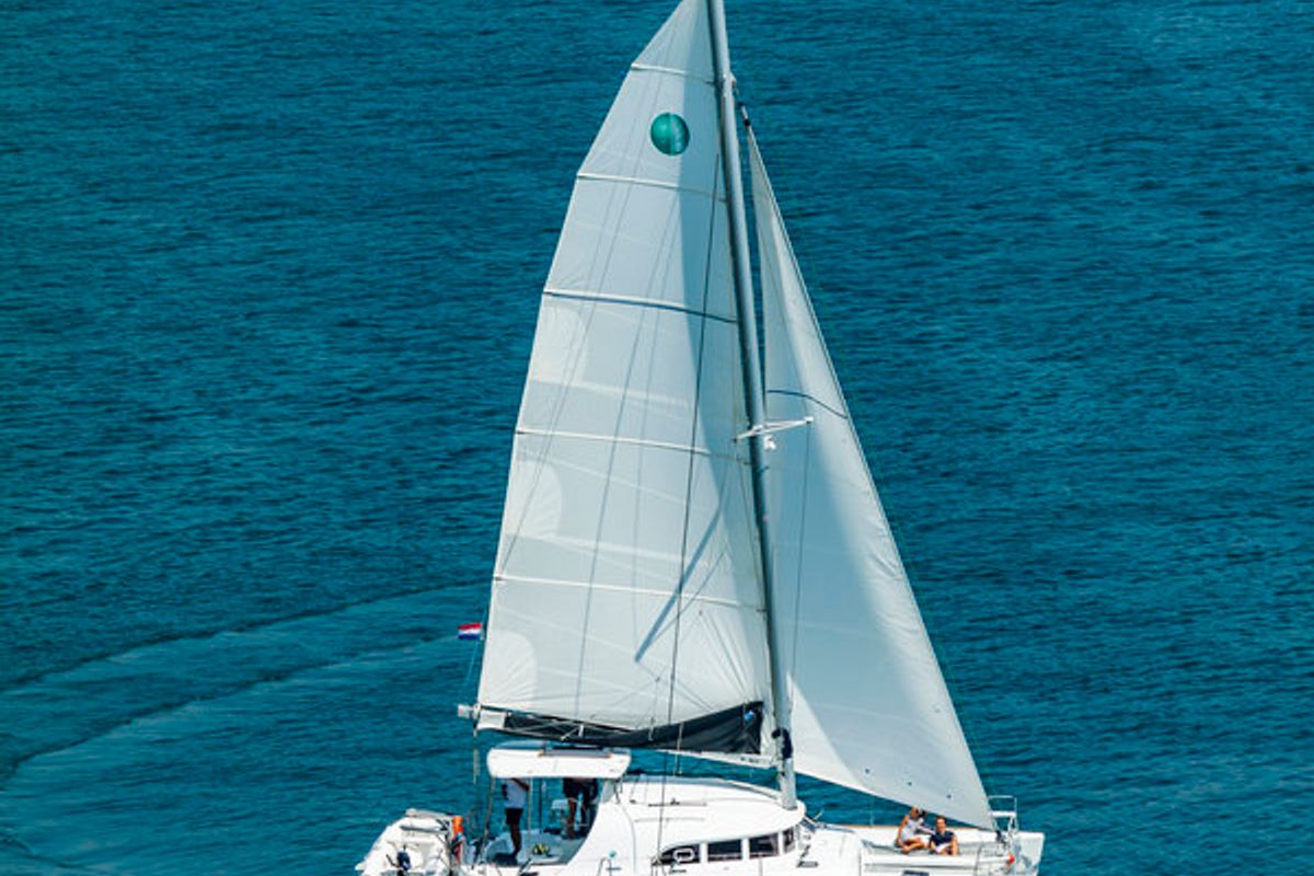 Exterior view of Gratia, a Lagoon 380 catamaran at Dubrovnik, Croatia