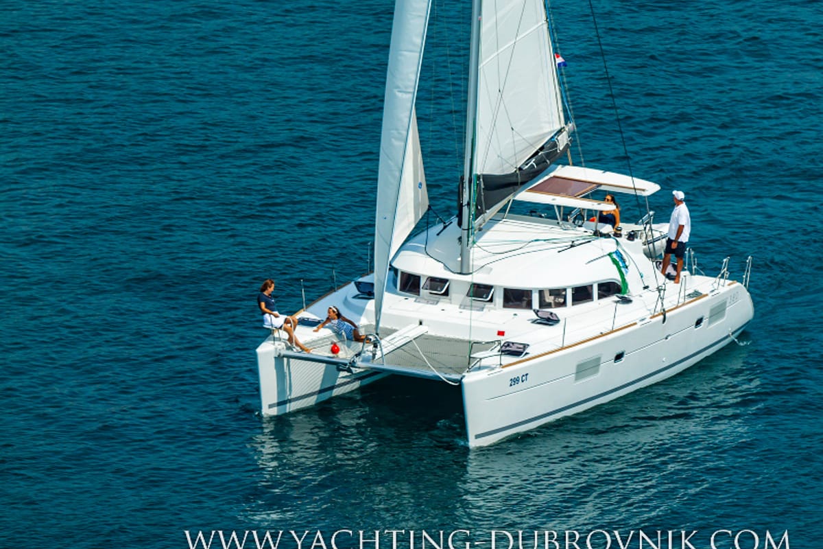 Exterior view of Gratia, a Lagoon 380 catamaran at Dubrovnik, Croatia