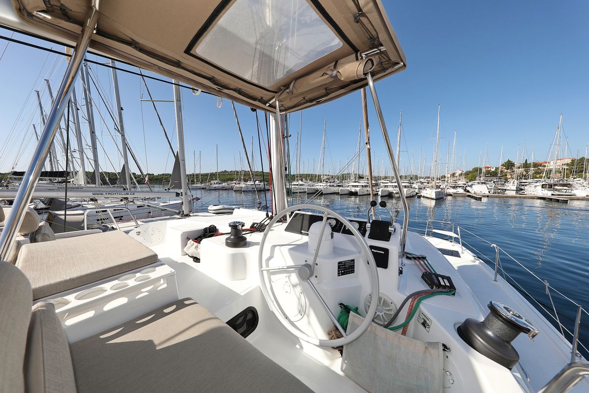 Cockpit of Sea Office, a Bali Catspace catamaran at Grad Trogir, Croatia