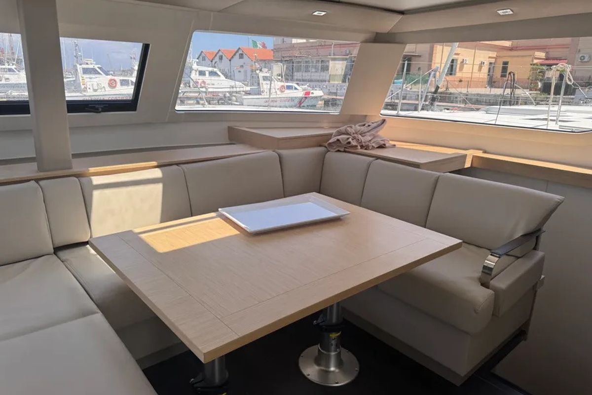 Salon of Maravigghia, a Fountaine Pajot Elba 45 catamaran at Palermo, Italy